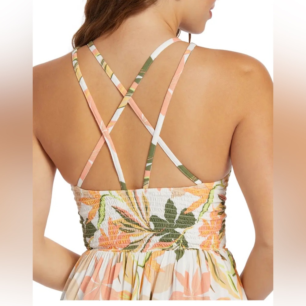 Roxy Floral Halter Maxi Dress in Peach, Olive & Cream Floral Print, L - Picture 3 of 10